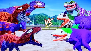 ALL PURPLE JOKER DINOSAURS vs ALL RED SPIDER-MAN DINOSAURS - Superhero Dinosaurs Team Jurassic World