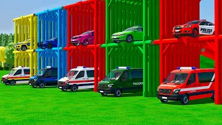LOAD & TRANSPORTING COLORFUL POLICE CARS WITH COLORED MAN TRUCKS COLORFUL FARM Farming Simulator 22