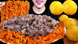 ASMR 불닭볶음면 & 우삼겹구이 꿀조합 리얼먹방! ft.뿌링클 치즈볼🤩 BULDAK SPICY NOODLES & GRILLED BEEF LOIN EATING SOUNDS