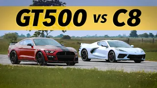 C8 Corvette vs GT500 Mustang | Drag & Roll-on Racing Comparison