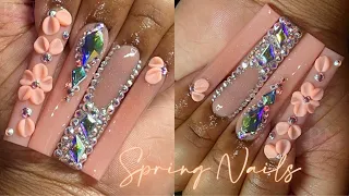 PEACH SPRING NAILS 🍑🌼 | 3D FLOWERS ✨ | BLING FRENCH 💎 |