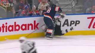 Zach Hyman retaliates with a big hit on Drew Doughty.