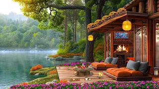 Spring Morning in Cozy Porch Ambience ☕ Relaxing Piano Jazz Music & Fireplace Sounds for Work, Study