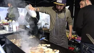 Chicken, Beef, Cheese on Big Grill and Colourful Salads. London Street Food