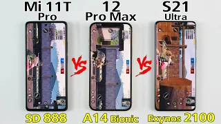 Mi 11T Pro vs 12 Pro Max vs S21 Ultra PUBG TEST - Snapdragon 888 vs A14 Bionic vs Exynos 2100 PUBG