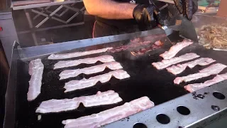 Big Burgers with Bacon and Melted Gruyere cheese. London Street Food