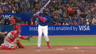 Vladimir Guerrero Jr 's two run homer, which traveled 447 feet at 117 5 mph