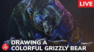 How to draw a colorful Grizzly bear with pastel pencils