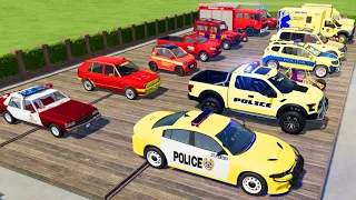 TRANSPORTING CARS, FIRE TRUCK, POLICE CARS, AMBULANCE OF COLORS! WITH TRUCKS! - FARMING SIMULATOR 22