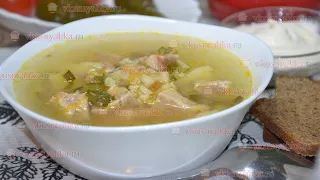 Рассольник с перловкой, огурцами  и свининой в мультиварке