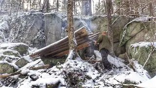 Bushcraft Building Survival Shelter with Bark Roof ⎮ Snowfall⎮ Fireplace Cooking on Rock #shorts