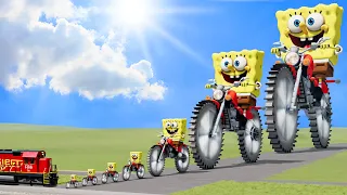 Big & Small SpongeBob on a motorcycle with Saw wheels vs Train | BeamNG.Drive