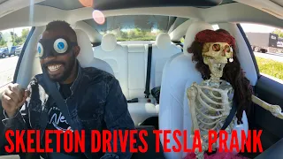 Skeleton Drives Tesla Prank  🏴‍☠️ - HILARIOUS Smart Summon Reactions!!