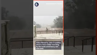 Sentinel Stands Watch at The Tomb of the Unknown Soldier Amid Wild Storm