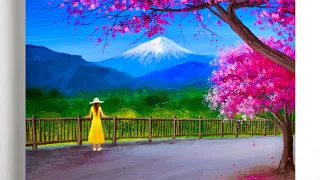 Landscape Painting | Cherry Blossom and Mount Fuji Acrylic Painting