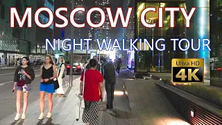 Moscow City - Night Walking Tour - Skyscrapers of Russia - 4K🎧 Evening City Walk With Ambient Sounds