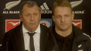 All Blacks head coach Ian Foster & Sam Cane react after beating the Springboks 35-20