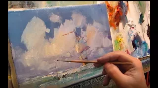 How to paint a seascape with a sailboat oil. English comments, subtitles.