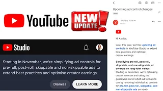 Upcoming ad control changes youtube email | Starting in November Yt Studio notification 2023