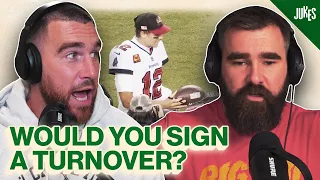 Is it hard to hate Tom Brady? Jason and Travis Kelce react to Brady signing an interception ball