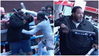 GOTCHA! - TERENCE CRAWFORD DROPS COACH BO MAC WITH A STRAIGHT LEFT TO THE BODY AT MEDIA WORKOUT