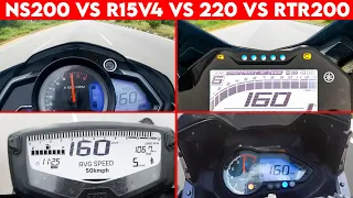 (2023) NS 200 vs APACHE 200 vs 220F vs R15 V4 | 0 TO 100 | TOPSPEED BATTLE !!!