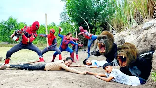 Team of 5 Superheroes Spider-man rescues 2 Boys from 2 ferocious carnivorous King Kong Monsters