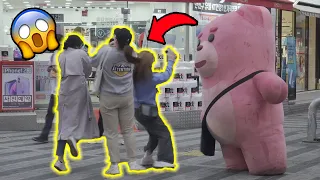 Korean girls FELL On Ground!! AWESOME Reactions!! Giant pink bear Prank