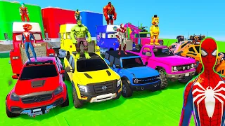 SPIDERMAN CARS Mega DAM Ramp Challenge ! SUPERHERO GOKU Monster Truck JEEP 6X6 New EPIC Race - GTA V