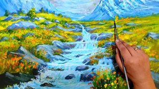 Mountain spring landscape painting. How to draw a roaring spring from snowy mountains🥰😍😍😍