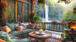 Coffee Jazz Relaxing Music At Lakeside Porch - Waterfall Ambience & Spring Jazz For Good Mood ☕🎶