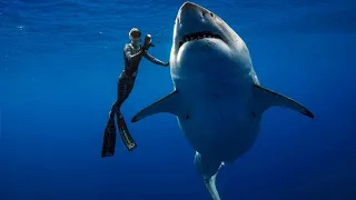 Taucherinnen schwimmen mit riesigem Weißen Hai auf Hawaii