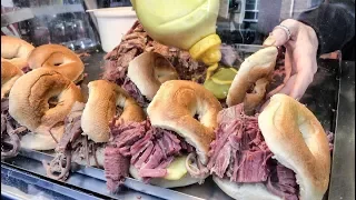 Bagels with Salty Beef Seen and Tasted in Brick Lane, London