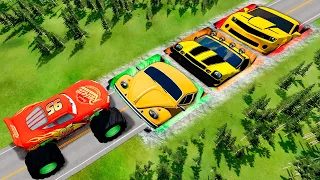 Mega Pits With Bumblebee And Friends vs Monster McQueen And Big & Small PIXAR CARS! BeamNG Battle!