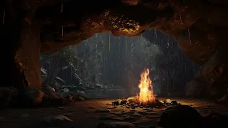 Subterranean Serenity| Rainfall Echoes in the Cave with Cozy Fireplace