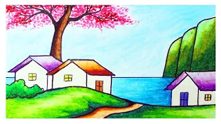 Easy Spring Village Scenery Drawing | How to Draw Simple Scenery of Spring Season in the Village