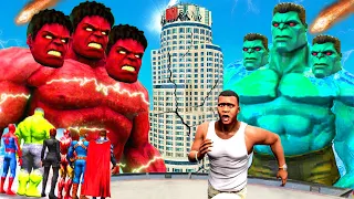 3 Giant FIRE "HULK" Vs Giant Avengers ( ICE HULK + IRONMAN SHARK ) in GTA5 | GTA5 Avengers