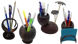 4 Simple Coconut Shell Pen Holders | Best Out of Waste||DIY Pen Holders