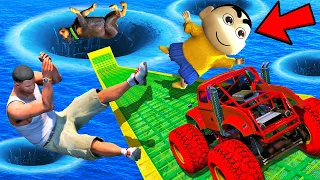 SHINCHAN AND FRANKLIN TRIED IMPOSSIBLE DEEPEST WATER MEGA RAMP MONSTER TRUCK JUMP CHALLENGE GTA 5