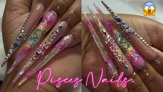 PINK 4XL MARBLE MONEY NAILS 💵✨| PISCES ♓️ | STILETTO | BLING FRENCH | ZODIAC SERIES