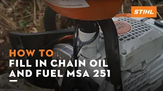 STIHL MS 251 | How to fill up chain oil and fuel mixture | Instruction