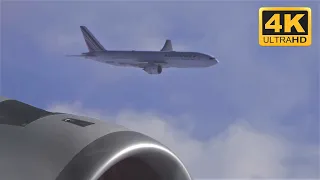 4K - Close up Air to Air race Airbus A350 vs Boeing 777 over atlantic ocean (Air France) CDG-YYZ