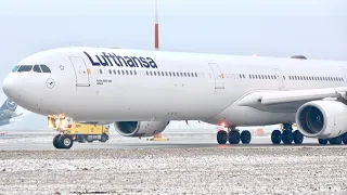 (4K) DE-Icing Action Lufthansa Airbus A340-600 (D-AIHF) at Munich Airport!