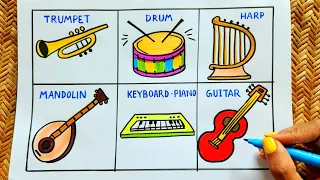 Musical Instruments Drawing | Easy drawing ideas for Drum, Guitar | World Music Day drawing easy