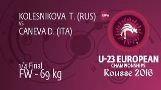 1/4 FW - 69 kg: T. KOLESNIKOVA  (RUS) df. D. CANEVA (ITA) by FALL, 6-0