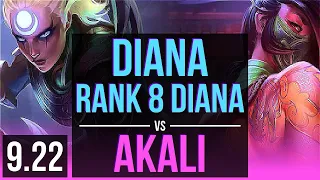 DIANA vs AKALI (MID) | Rank 8 Diana, 500+ games, KDA 9/3/6 | NA Grandmaster | v9.22