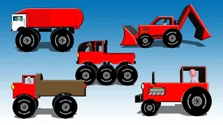 Red Vehicles - Dump Truck, Fire Engine, Garbage Truck, Monster Truck, Tractor and Backhoe