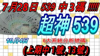 今彩539-10月4日 超神539 超神 6大系統分析號碼 539  (上期中1號,13號)