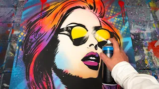 Explosive Pop Art Stencil Painting: Create a Stylish Portrait with Fluorescent Colors! 🎨🚀