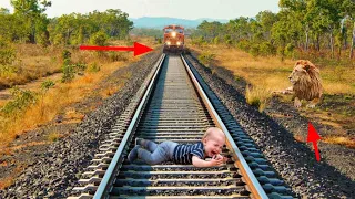 Crying baby on desert train track try stops train and escaped lion funny vfx video editing